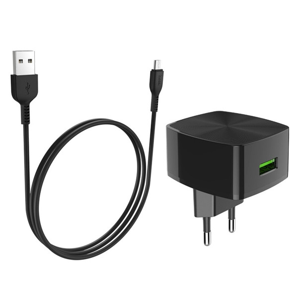 Мережевий зарядний пристрій HOCO C70A Cutting-edge single port QC3.0 charger set(Micro) 18W Black