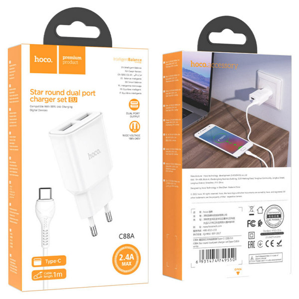 Мережевий зарядний пристрій HOCO C88A Star round dual port charger set(Type-C) 12W Білий
