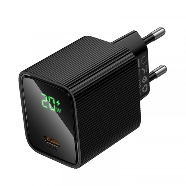 Мережевий зарядний пристрій HOCO CS82A Excellent single port PD20W charger with digital display(EU) Black (6942007664493)