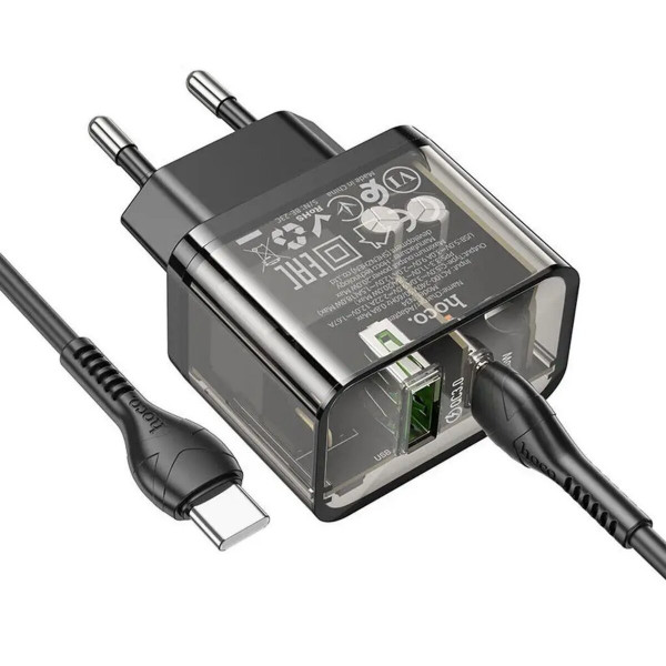 Мережевий зарядний пристрій HOCO N34 Dazzling dual-port PD20W+QC3.0 charger set(Type-C to Type-C) Transparent Чорний