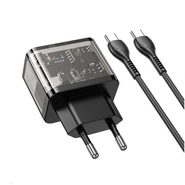 Мережевий зарядний пристрій HOCO N34 Dazzling dual-port PD20W+QC3.0 charger set(Type-C to Type-C) Transparent Чорний