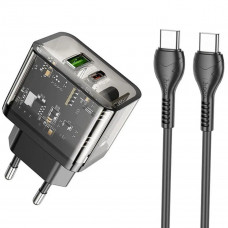 Мережевий зарядний пристрій HOCO N34 Dazzling dual-port PD20W+QC3.0 charger set(Type-C to Type-C) Transparent Чорний