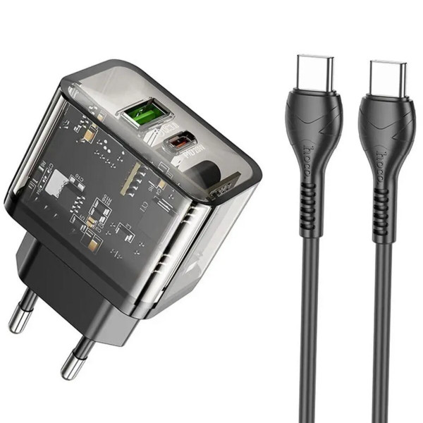 Мережевий зарядний пристрій HOCO N34 Dazzling dual-port PD20W+QC3.0 charger set(Type-C to Type-C) Transparent Чорний