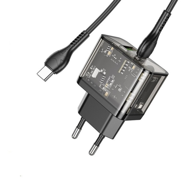 Мережевий зарядний пристрій HOCO N34 Dazzling dual-port PD20W+QC3.0 charger set(Type-C to Type-C) Transparent Чорний