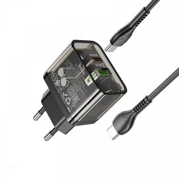 Мережевий зарядний пристрій HOCO N34 Dazzling dual-port PD20W+QC3.0 charger set(Type-C to Type-C) Transparent Чорний