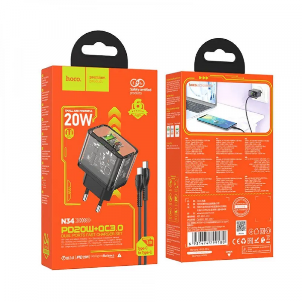 Мережевий зарядний пристрій HOCO N34 Dazzling dual-port PD20W+QC3.0 charger set(Type-C to Type-C) Transparent Чорний