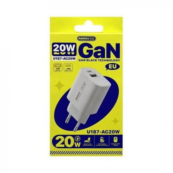 Мережевий зарядний пристрій REMAX GaN Fast Charging Charger A+C U187-AC20W EU (6954851247081)