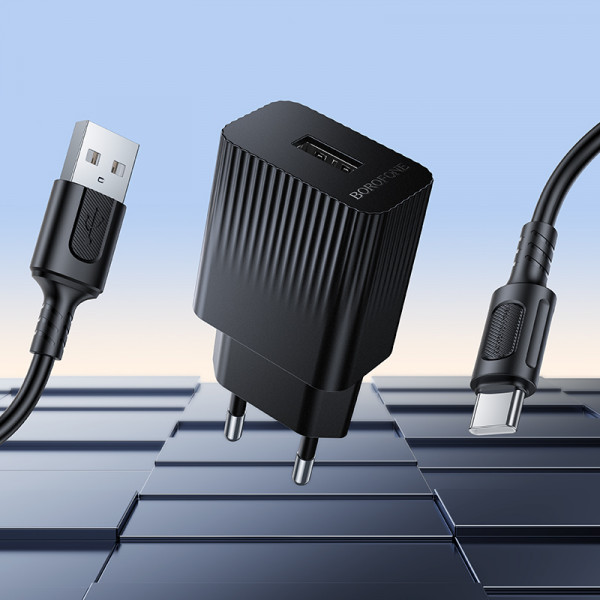 Мережевий зарядний пристрій з кабелем BOROFONE BAS71A Source single-port charger set(Type-C) Black (6941991122613)