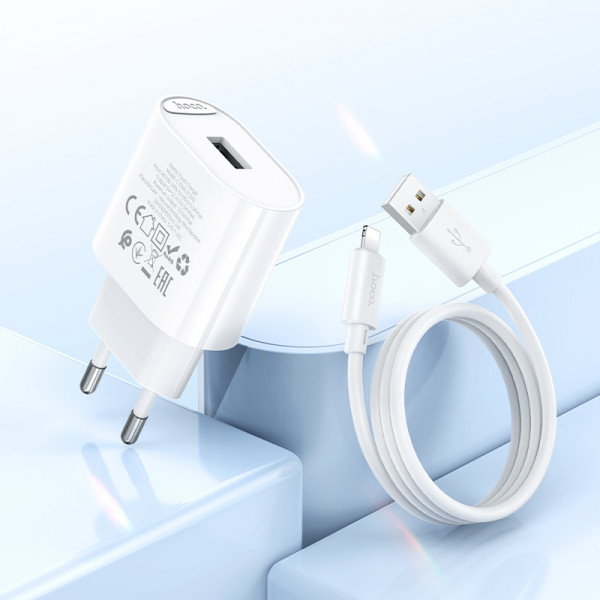 Мережевий зарядний пристрій з кабелем HOCO C109A(10.5W) Fighter single port charger set(iP) White (6942007656597)