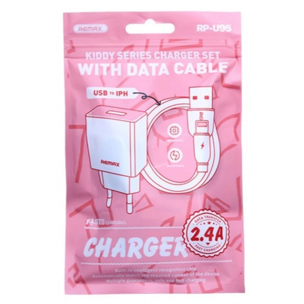 Мережевий зарядний пристрій з кабелем REMAX Kiddy Series 2.4A RP-Charger Set with Cable U95 IPH (6954851218180)