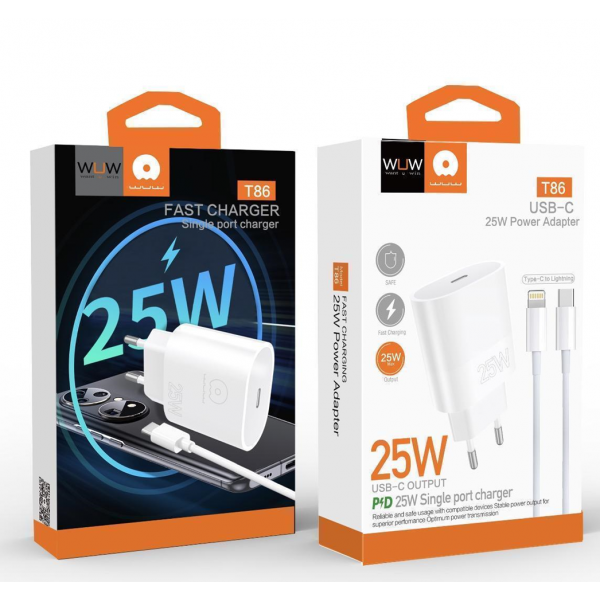 Мережевий зарядний пристрій з кабелем WUW-T86L PD 25W fast charger + USB C to lighting set (6972573338207)