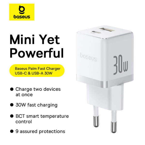 Мережевий зарядник пристрій Baseus Palm Fast Charger C+U 30W EU Moon Білий (with Baseus Mini Білий Cable USB-C to USB-C 60W (20V/3A) 1m Moon Білий)