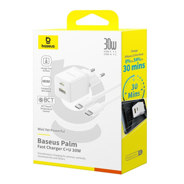 Мережевий зарядник пристрій Baseus Palm Fast Charger C+U 30W EU Moon Білий (with Baseus Mini Білий Cable USB-C to USB-C 60W (20V/3A) 1m Moon Білий)