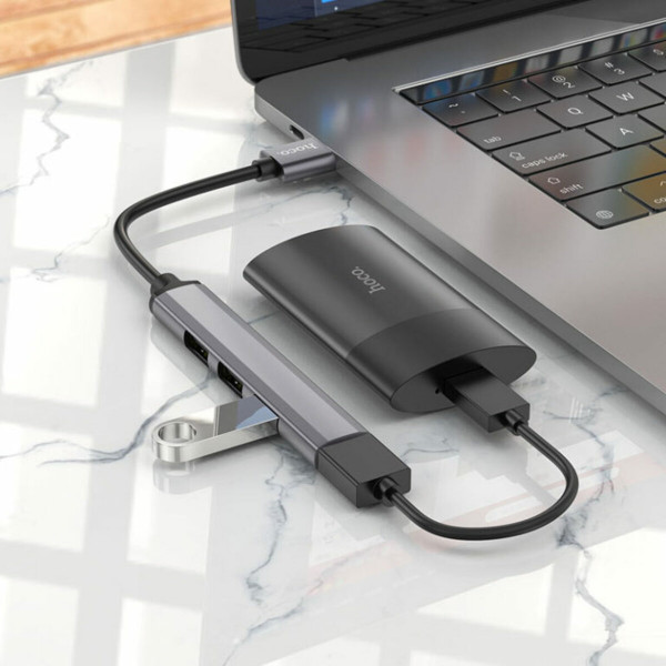 USB-хаб HOCO HB26 4 in 1 adapter(USB to USB3.0+USB2.0*3) Metal Gray