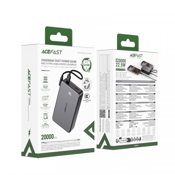 Зовнішній акумулятор ACEFAST M29-20000 22.5W fast charging power bank with cable Black (6974316285991)