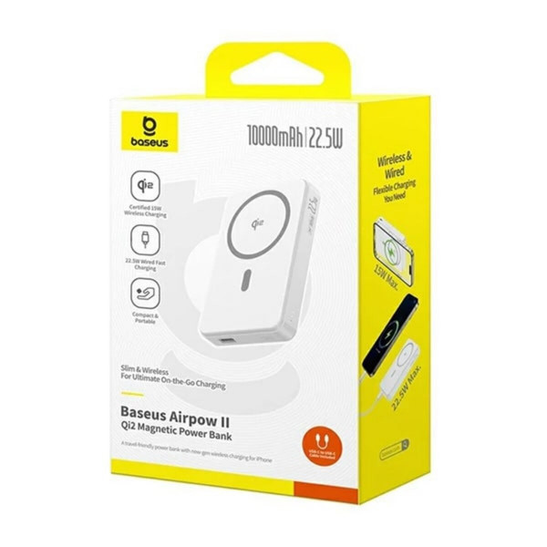 Зовнішній акумулятор Baseus Airpow Ⅱ Qi2 Magnetic Power Bank 10000mAh 22.5W Moon White（With Simple Series Charging Cable Type-C to Type-C（20V/3A）30cm