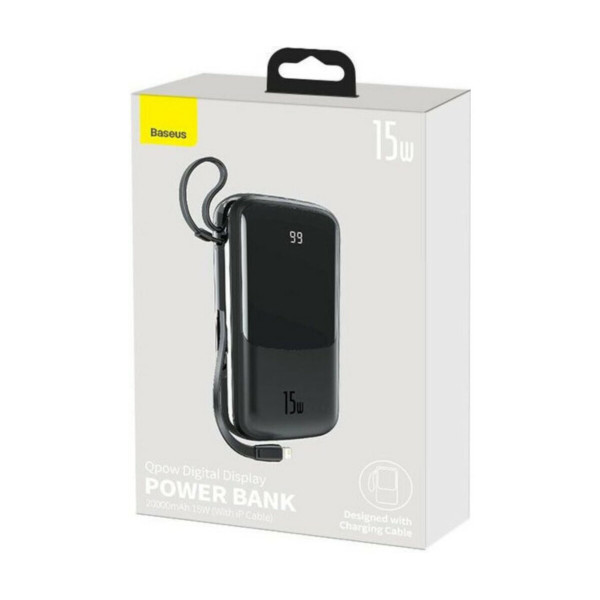 Зовнішній акумулятор Baseus Qpow Digital Display Power Bank 20000mAh 15W Black (With IP Cable) Black