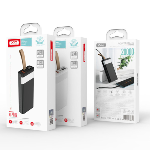 Зовнішній акумулятор XO PR129 20000mAh PD20W+USB QC 22.5W + ligth White