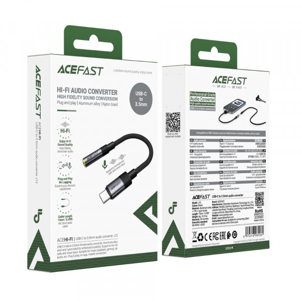 Аудіокабель ACEFAST J12 USB-C to 3.5mm audio converter Black (6974316285281)