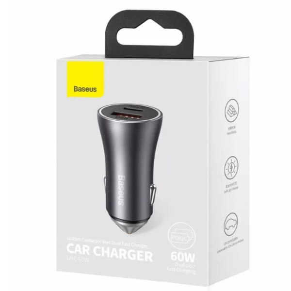 Автомобільний зарядний пристрій Baseus Golden Contactor Max Dual Fast Charger Car Charger U+C 60W Dark Gray