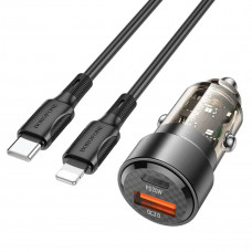 Автомобільний зарядний пристрій BOROFONE BZ20 Smart 38W dual port PD20W+QC3.0 car charger set(C to iP) Transparent Black