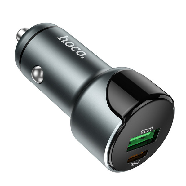 Автомобільний зарядний пристрій HOCO Z42 Light road dual port digital display PD20W+QC3.0 car charger Metal Gray