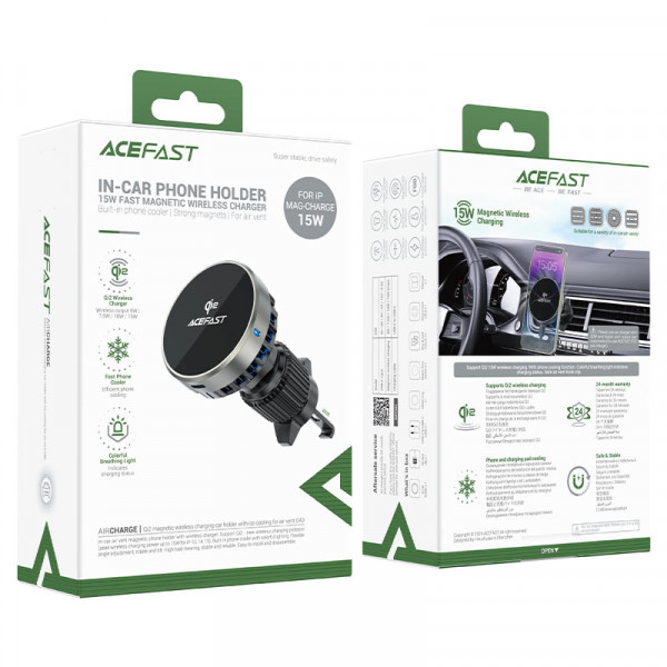 Автотримач для телефона з БЗП ACEFAST D40 Qi2 Magnetic Wireless Charging car holder with Ice Cooling for air vent Metal gray (6974316283751)