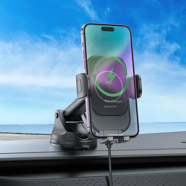 Автотримач для телефона з БЗП BOROFONE BH203 Blue Charm wireless fast charging car holder(center console)