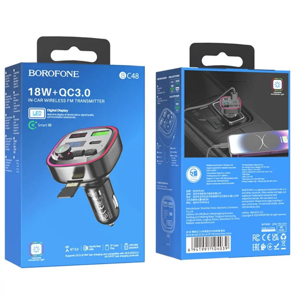 АЗП з FM-модулятором BOROFONE BC48 Broad QC3.0 car BT FM transmitter 18W Black
