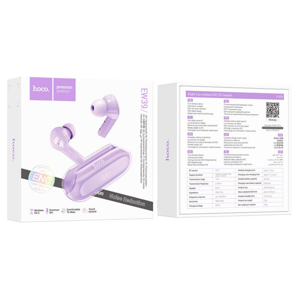 Бездротові навушники HOCO EW39 Bright true wireless ENC BT headset Purple
