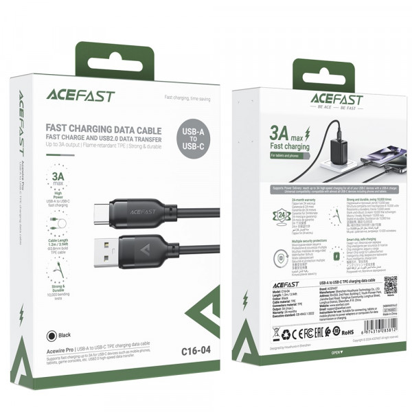 Кабель ACEFAST C16-04, USB to Type-C, 3A, 1.2m ,TPE, TPU connectors, Black (6974316283812)