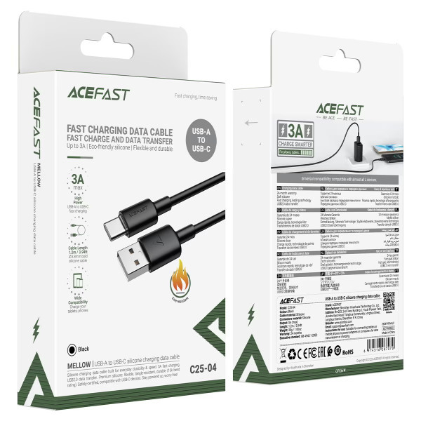 Кабель ACEFAST C25-04 USB-A to USB-C silicone charging data cable Black (6974316287070)