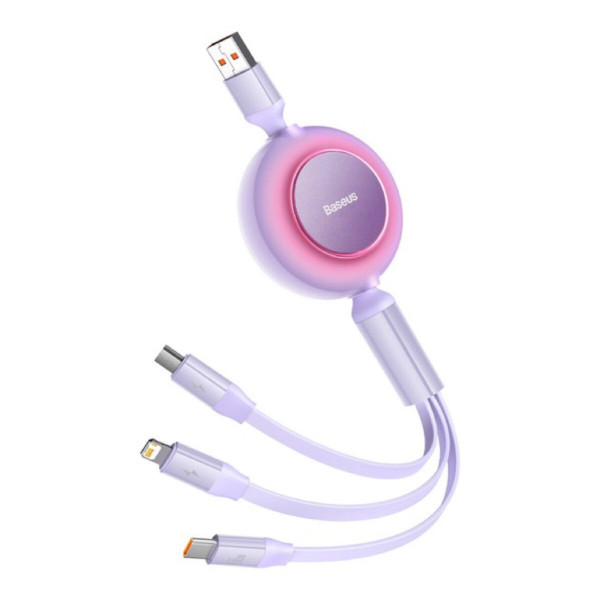 Кабель Baseus Bright Mirror 2 Series Retractable 3-in-1 Fast Charging Data Cable USB to M+L+C 66W 1.1m Purple