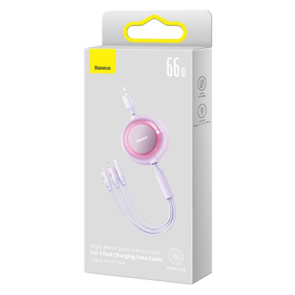 Кабель Baseus Bright Mirror 2 Series Retractable 3-in-1 Fast Charging Data Cable USB to M+L+C 66W 1.1m Purple