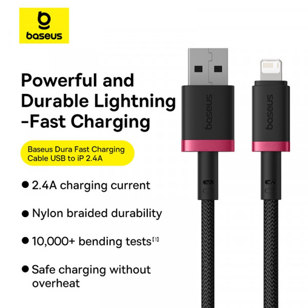 Кабель Baseus Dura Series Fast Charging Cable USB to iP 2.4A 1m Red+Black (P10377801U01-01)