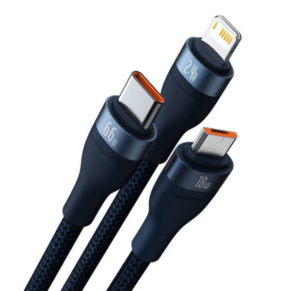 Кабель Baseus Flash Series Ⅱ One-for-three Fast Charging Data Cable USB to M+L+C 66W 1.2m Блакитний