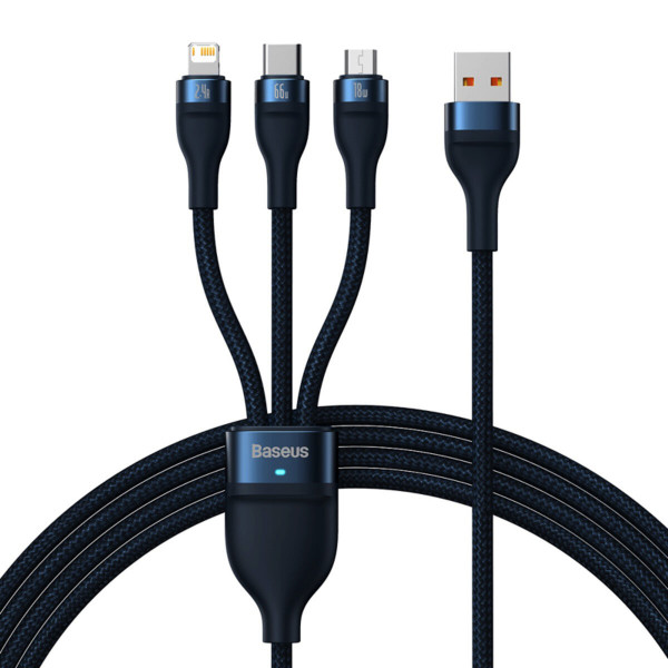 Кабель Baseus Flash Series Ⅱ One-for-three Fast Charging Data Cable USB to M+L+C 66W 1.2m Блакитний