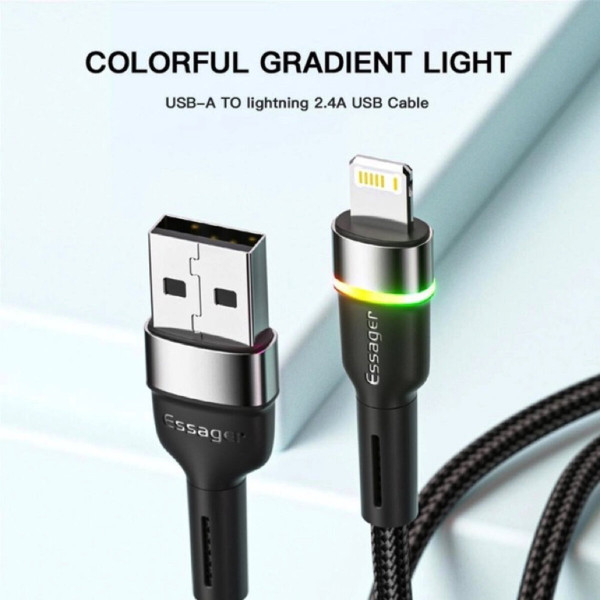 Кабель Essager Colorful LED USB Cable Fast Charging 2.4A USB-A to Lightning 1m чорний (EXCL-XCD01)