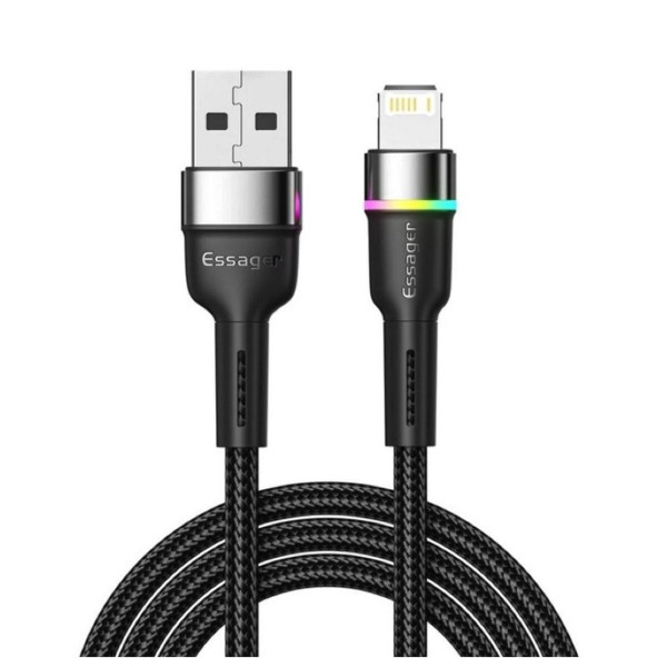 Кабель Essager Colorful LED USB Cable Fast Charging 2.4A USB-A to Lightning 1m чорний (EXCL-XCD01)