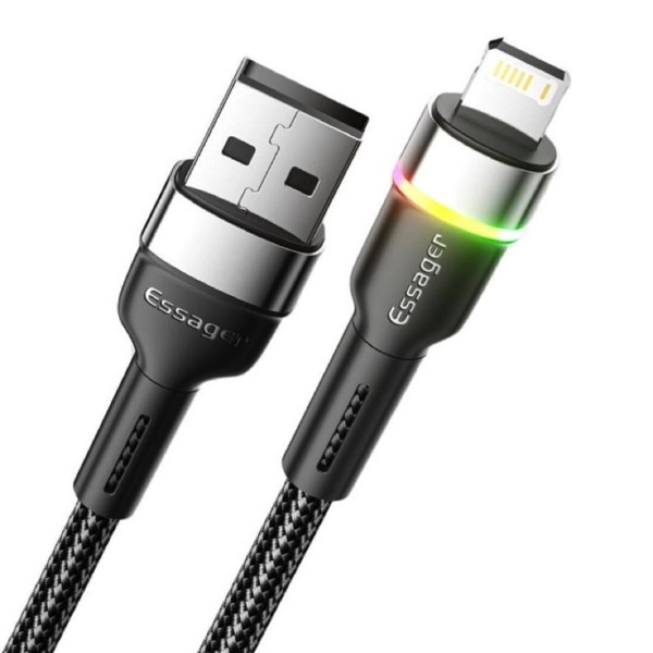 Кабель Essager Colorful LED USB Cable Fast Charging 2.4A USB-A to Lightning 1m чорний (EXCL-XCD01)