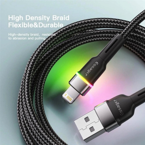 Кабель Essager Colorful LED USB Cable Fast Charging 2.4A USB-A to Lightning 1m чорний (EXCL-XCD01)