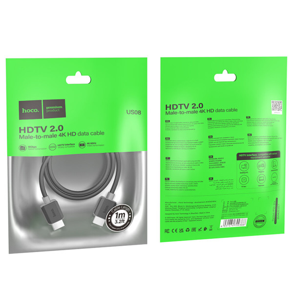 Кабель HOCO US08 HDTV 2.0 male-to-male 4K HD data cable(L=1M) Чорний