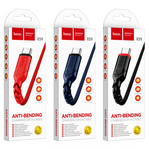 Кабель HOCO X59 USB to Type-C 3A, 1m, nylon, TPE connectors, Red (6931474744937)