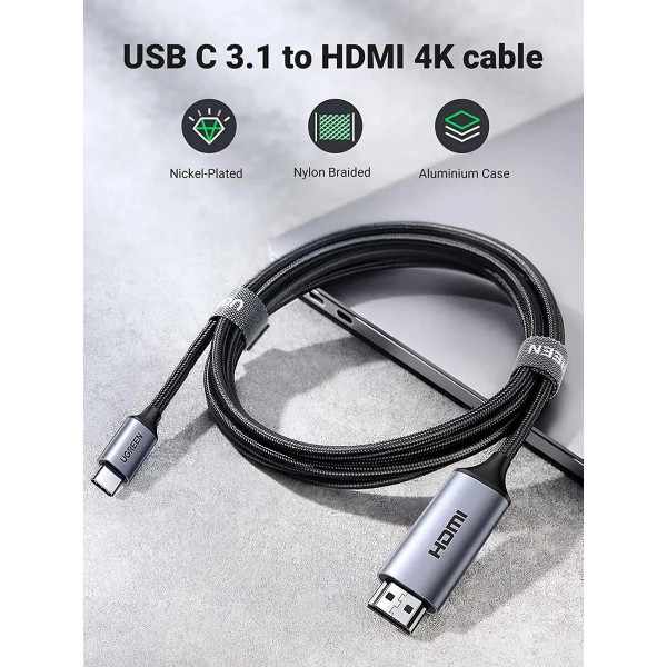 Кабель UGREEN MM142 USB-C to HDMI Male to Male Cable Aluminum Shell 1.5m (Gray Чорний)(UGR-50570)