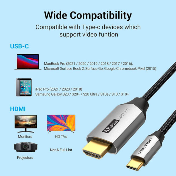 Кабель Vention Cotton Braided USB-C to HDMI Cable 1M Чорний Aluminum Alloy Type
