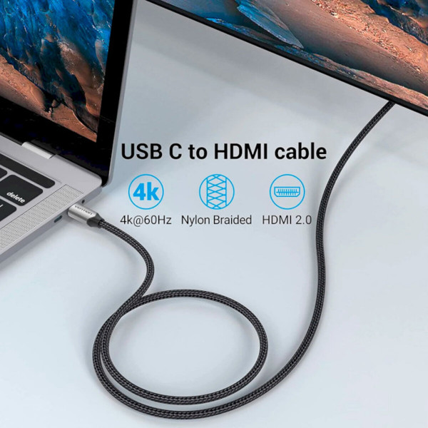 Кабель Vention Cotton Braided USB-C to HDMI Cable 1M Чорний Aluminum Alloy Type
