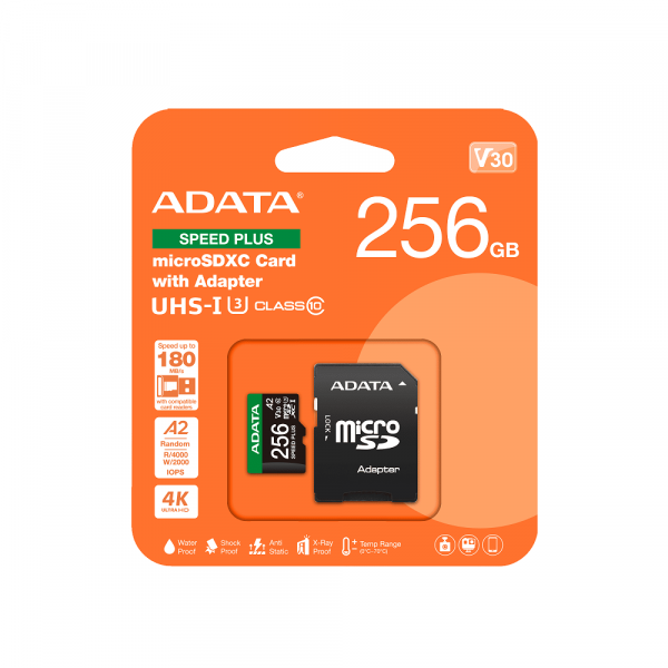 Карта пам'яті microSDXC (UHS-1 U3) A-DATA SPEED PLUS 256Gb Class 10 V30 A2 (R-180Mb/s W160Mb/s) (adapter SD) (UD256GUI3V30A2SP-RA1)