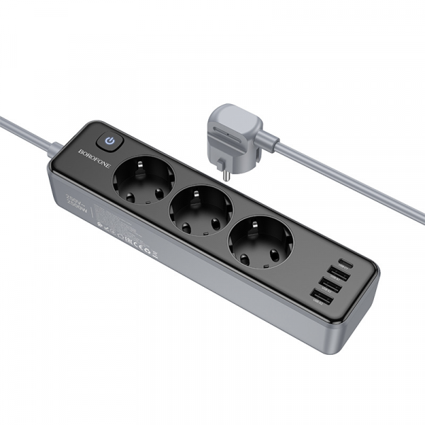 Мережевий подовжувач BOROFONE BAC8 Power 3-position socket(1C3A)(EU/GER)(L=3M) Black (6941991116643)