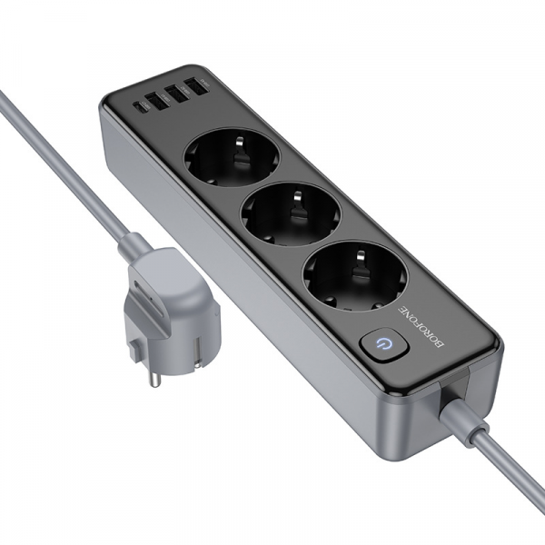 Мережевий подовжувач BOROFONE BAC8 Power 3-position socket(1C3A)(EU/GER)(L=3M) Black (6941991116643)
