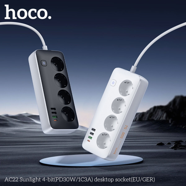 Мережевий подовжувач HOCO AC22 Sunlight 4-bit(PD30W/1C3A) desktop socket(EU/GER) Чорний